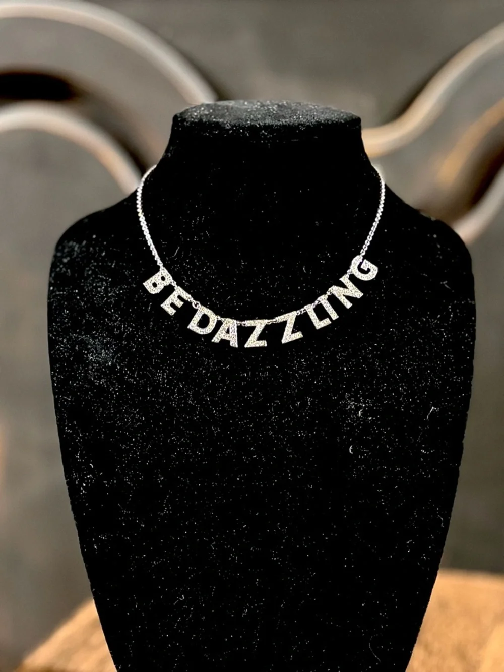 Kate Spade – Be Dazzling Crystal Necklace – Silver Tone Statement Script – OS